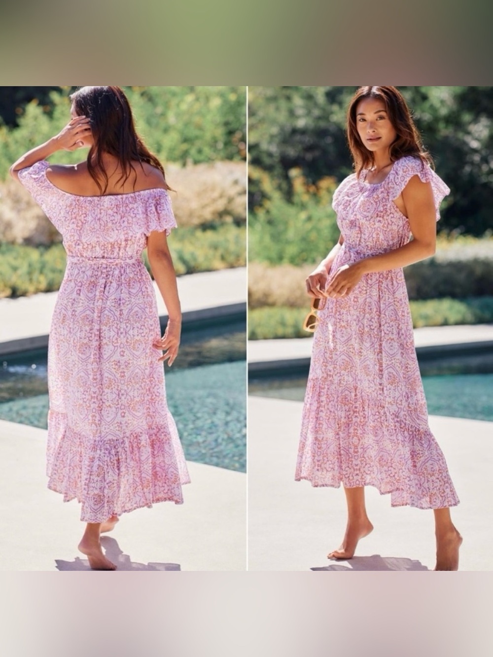 Anthropologie Lavender Pink Paisley Off-Shoulder Maxi Dress
